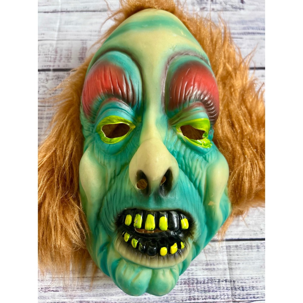 Vtg 80s Halloween Monster Vinyl Face Mask Brown Hair Green Witch Goblin Horror